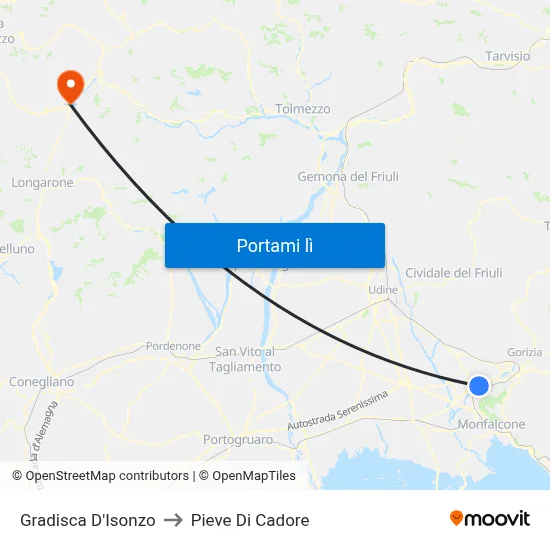 Gradisca D'Isonzo to Pieve Di Cadore map