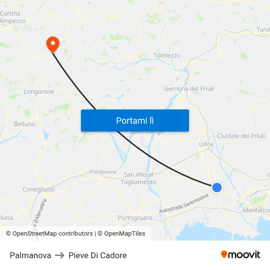Palmanova to Pieve Di Cadore map