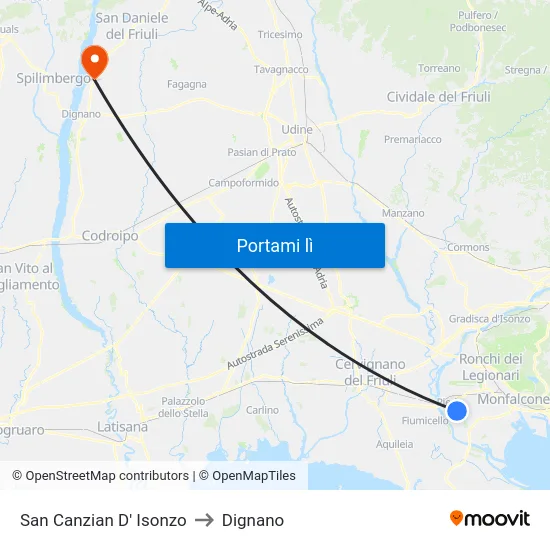 San Canzian D' Isonzo to Dignano map