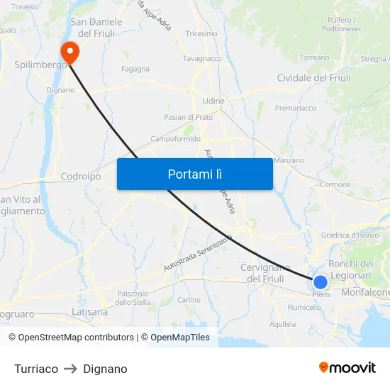 Turriaco to Dignano map