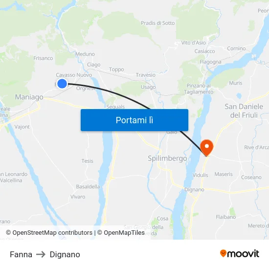 Fanna to Dignano map