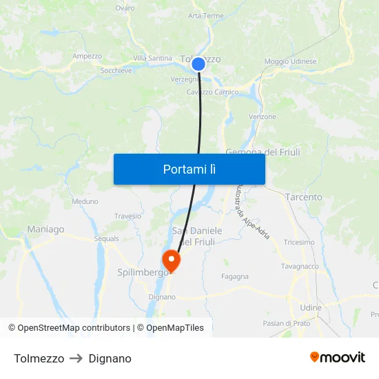 Tolmezzo to Dignano map