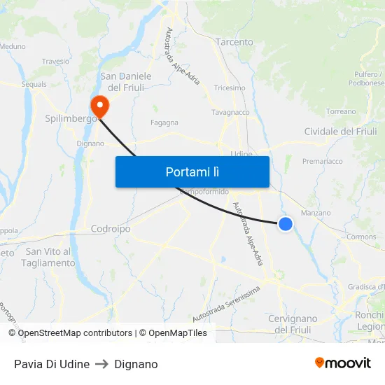 Pavia Di Udine to Dignano map
