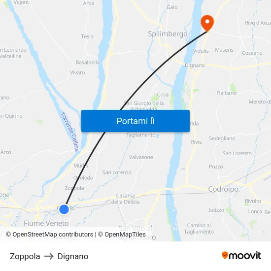 Zoppola to Dignano map