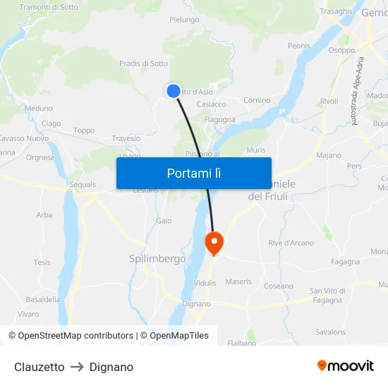 Clauzetto to Dignano map