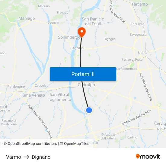 Varmo to Dignano map