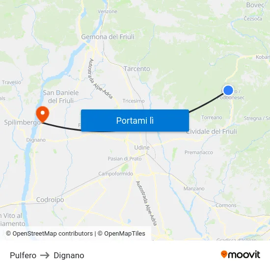 Pulfero to Dignano map