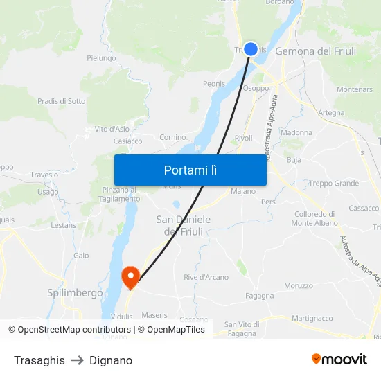 Trasaghis to Dignano map