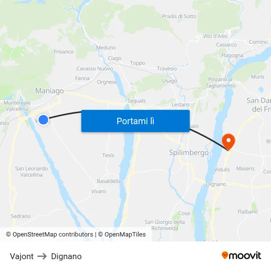 Vajont to Dignano map