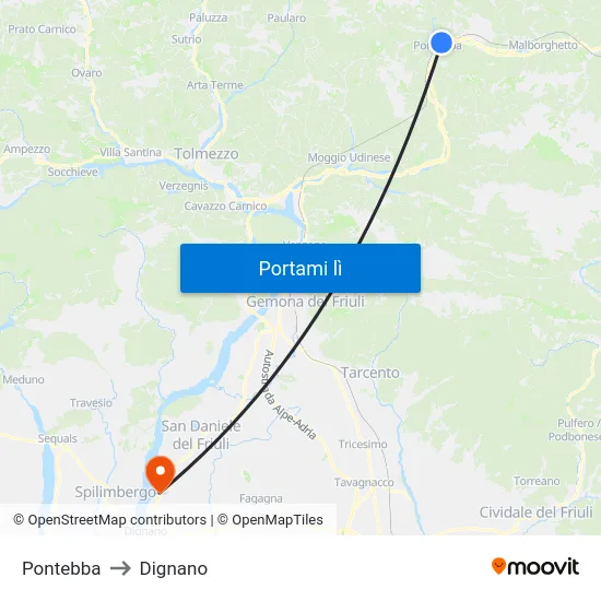Pontebba to Dignano map