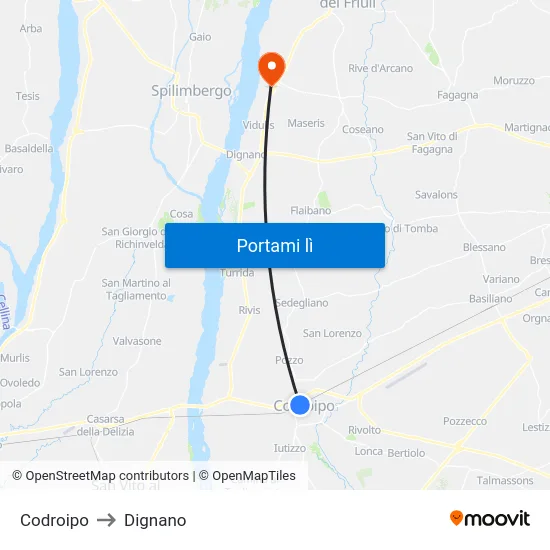 Codroipo to Dignano map