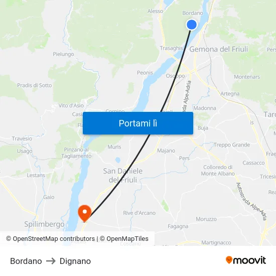 Bordano to Dignano map