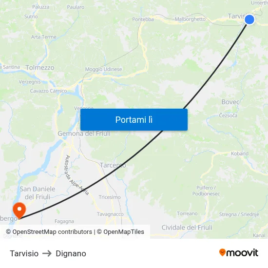 Tarvisio to Dignano map