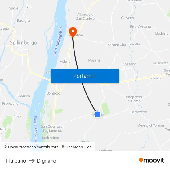 Flaibano to Dignano map