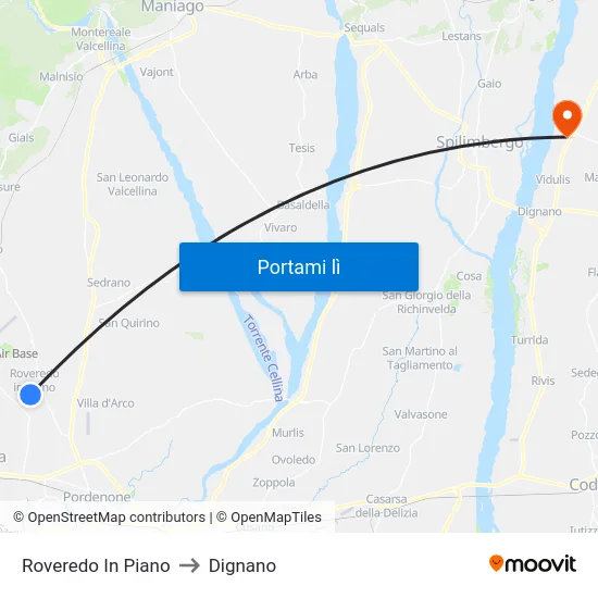 Roveredo In Piano to Dignano map