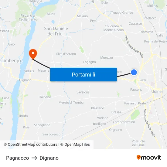 Pagnacco to Dignano map