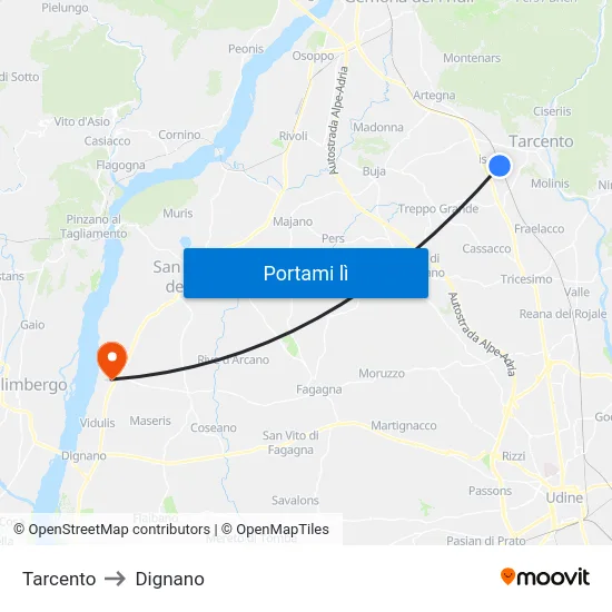 Tarcento to Dignano map