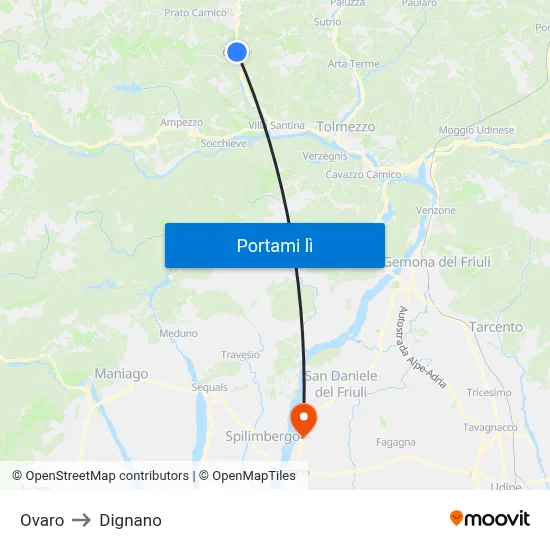 Ovaro to Dignano map