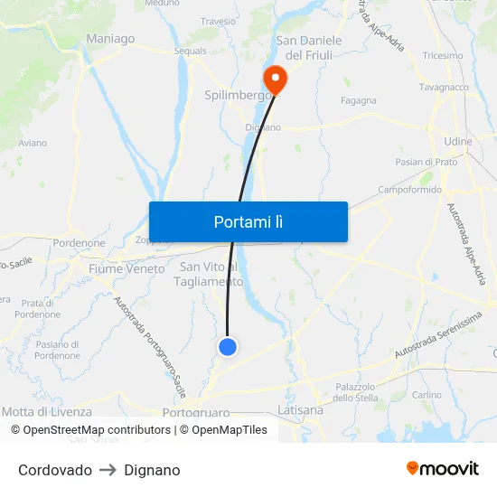 Cordovado to Dignano map