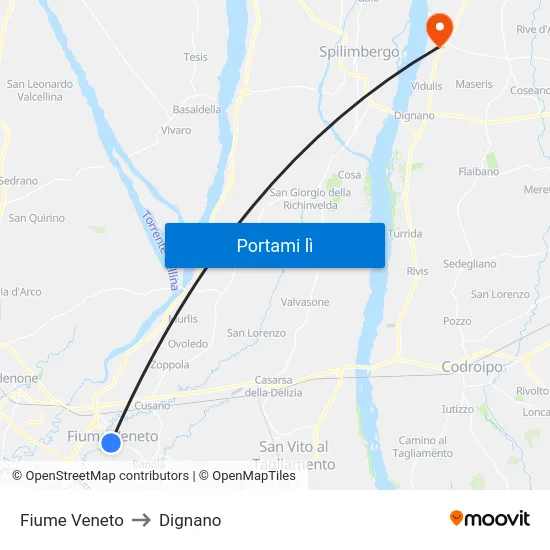Fiume Veneto to Dignano map