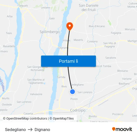Sedegliano to Dignano map