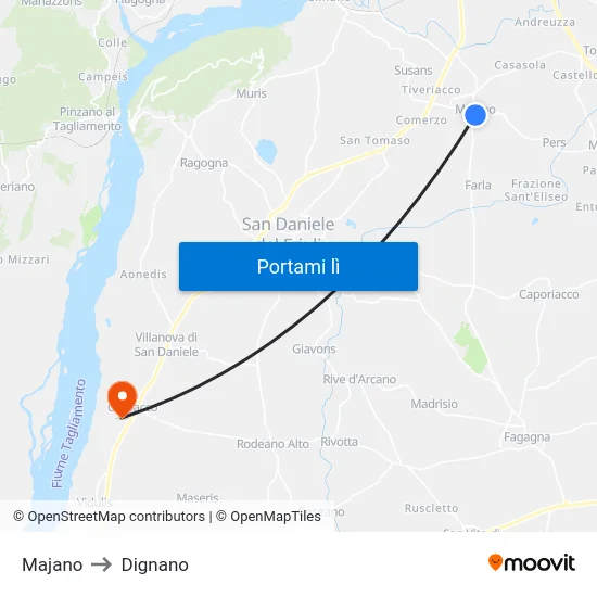 Majano to Dignano map