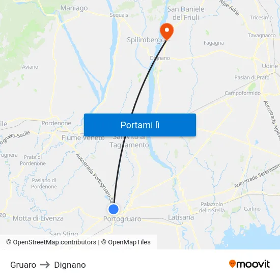 Gruaro to Dignano map