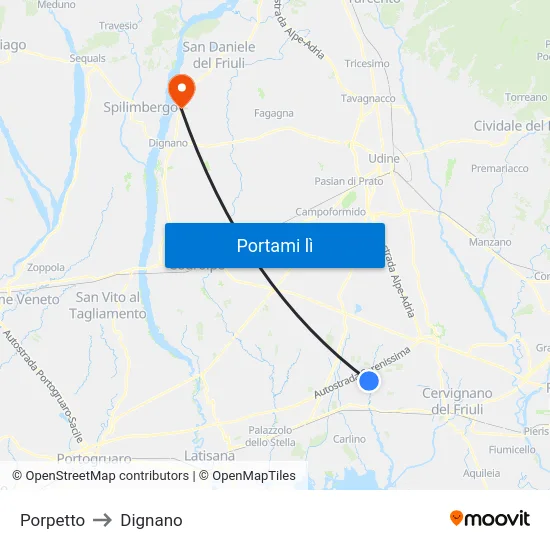 Porpetto to Dignano map