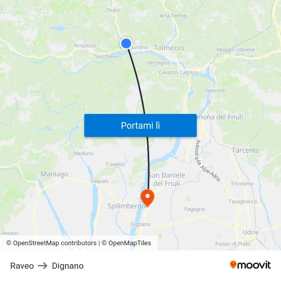 Raveo to Dignano map