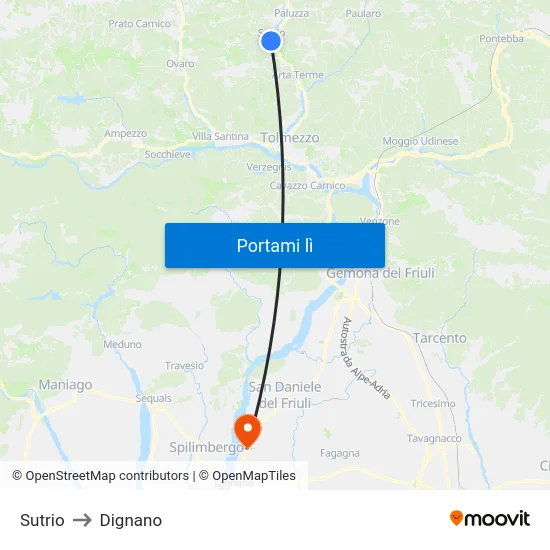 Sutrio to Dignano map