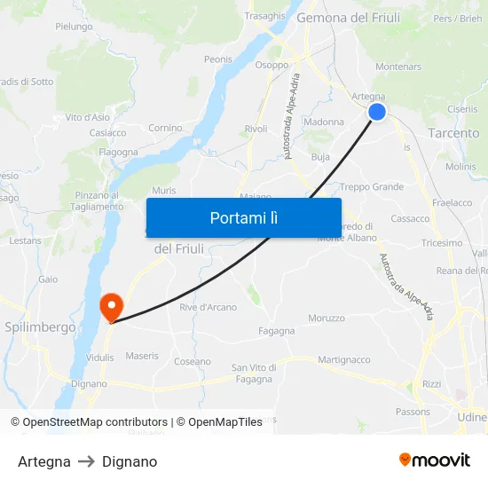 Artegna to Dignano map