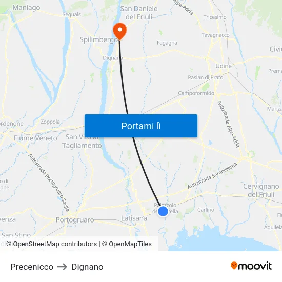Precenicco to Dignano map