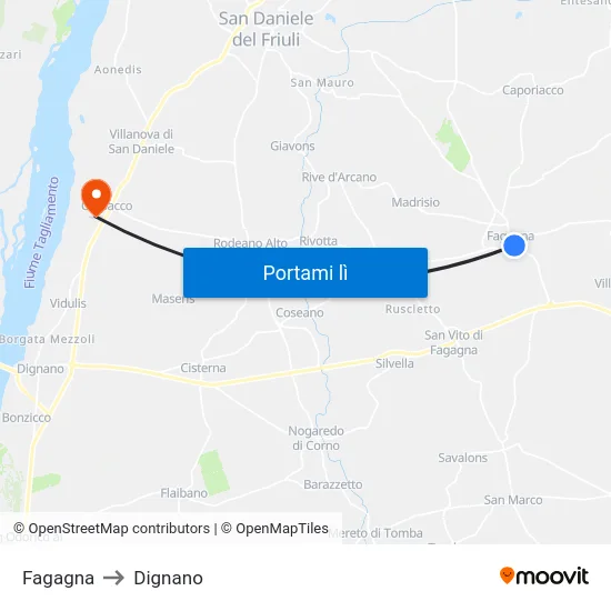 Fagagna to Dignano map