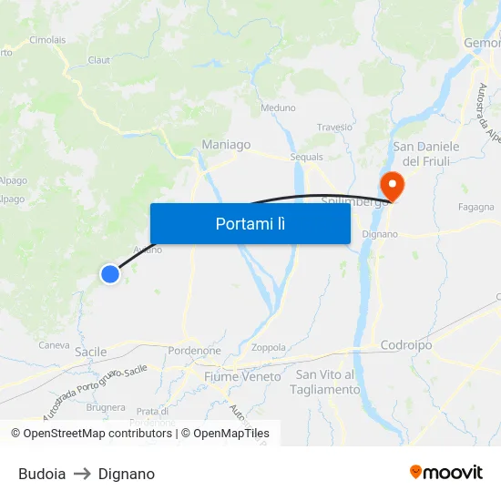 Budoia to Dignano map