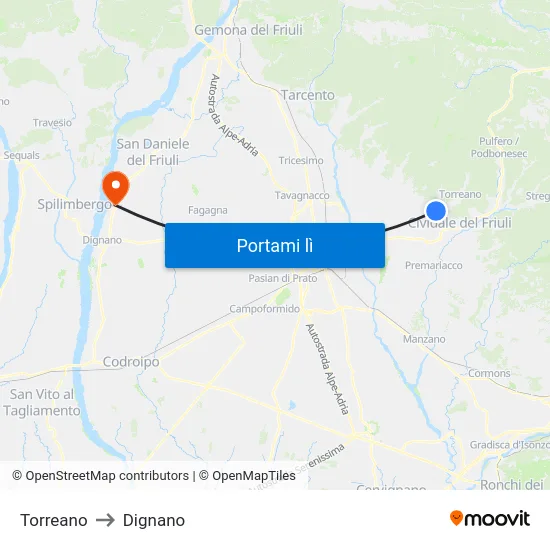 Torreano to Dignano map