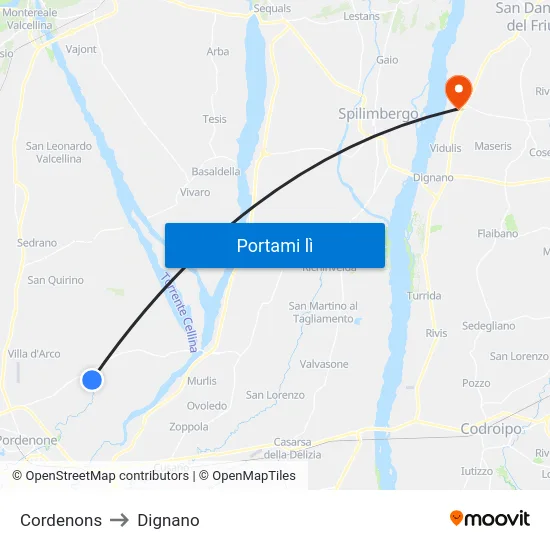 Cordenons to Dignano map