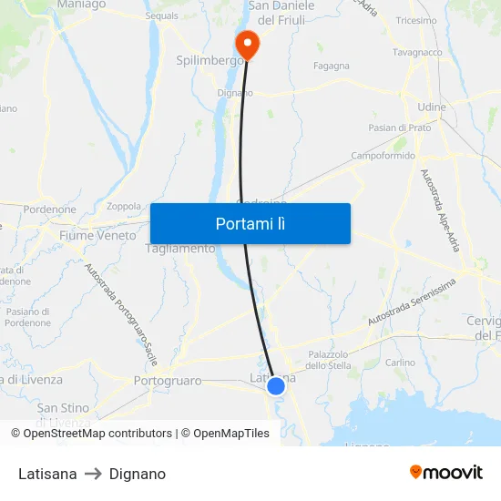Latisana to Dignano map
