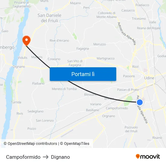 Campoformido to Dignano map