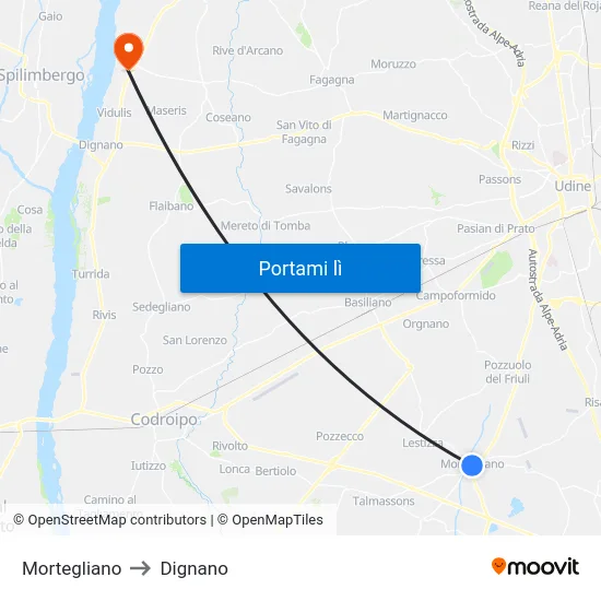 Mortegliano to Dignano map