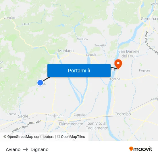 Aviano to Dignano map