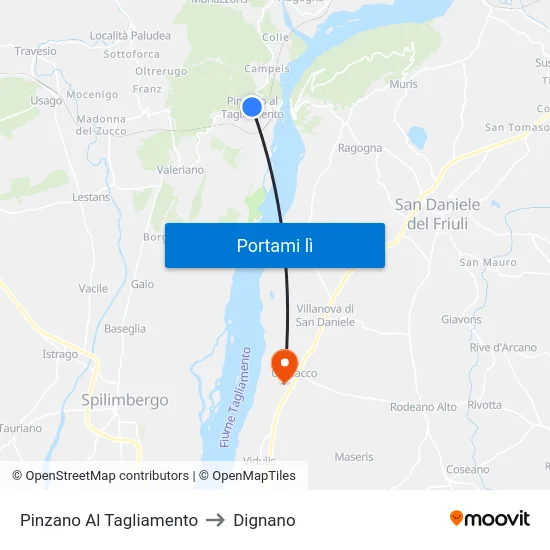 Pinzano Al Tagliamento to Dignano map
