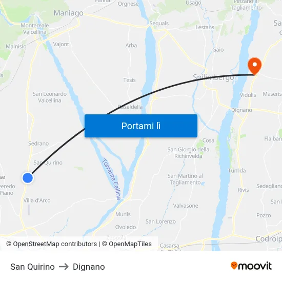San Quirino to Dignano map