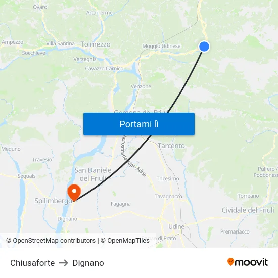 Chiusaforte to Dignano map