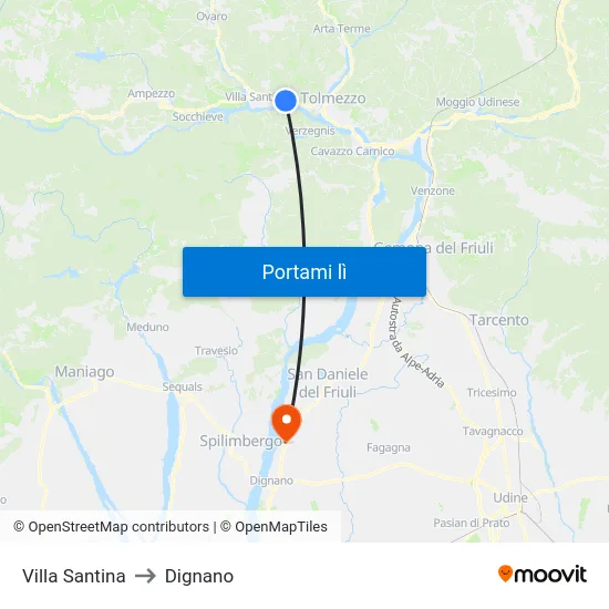 Villa Santina to Dignano map
