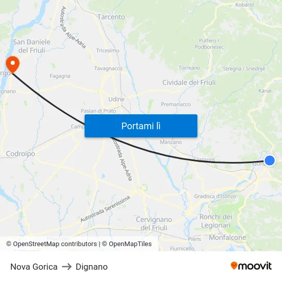 Nova Gorica to Dignano map