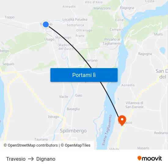 Travesio to Dignano map