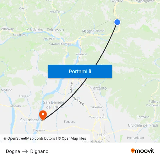 Dogna to Dignano map