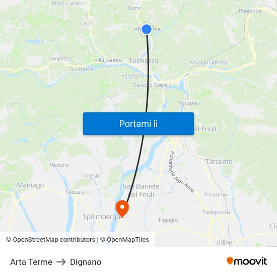 Arta Terme to Dignano map