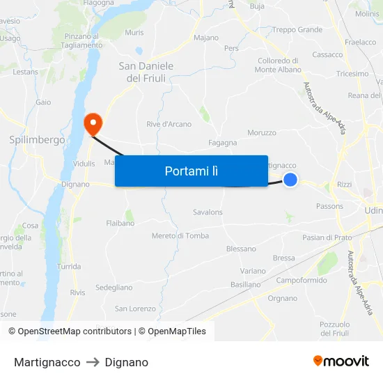 Martignacco to Dignano map