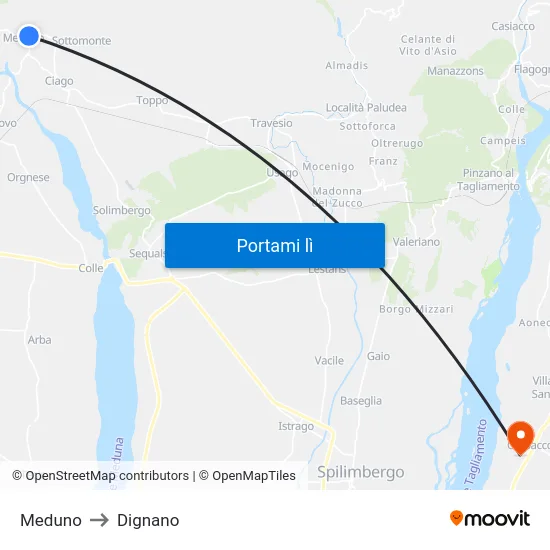 Meduno to Dignano map